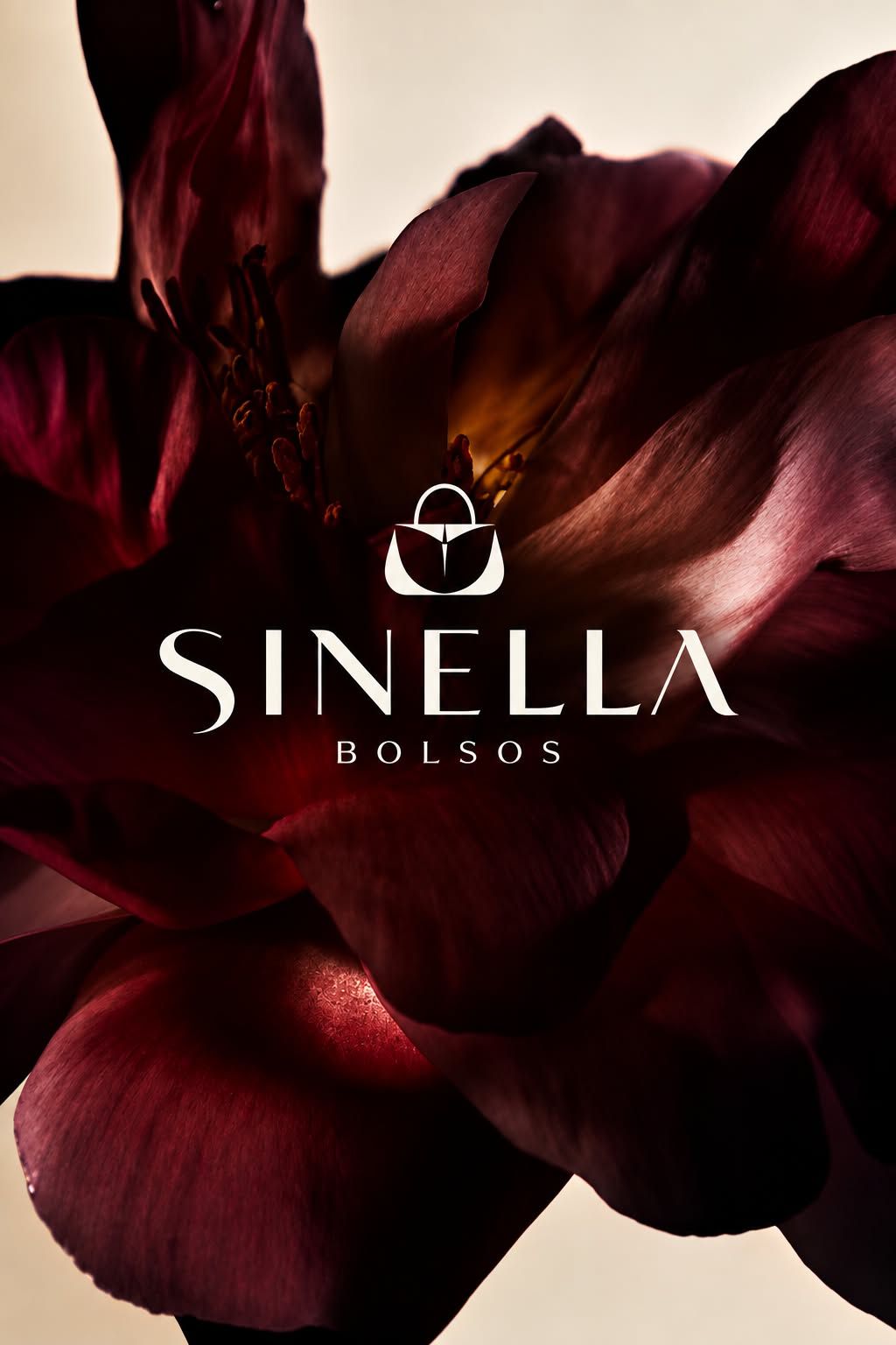 SINELLA Bolsos, logo blanco sobre flores borgoña